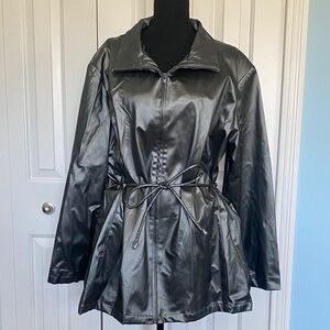 Basic Editions Plus 2X Shiny Silver Grey Zip Up Coat With Cute Belt and Pockets